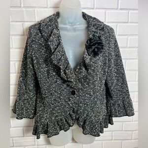 CYNTHIA ROWLEY women Black and White Ruffled Blazer with Flower Accent/s…